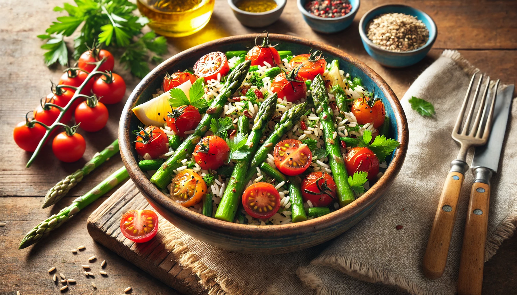 Ensalada de arroz integral con espárragos, tomates cherry y hierbas frescas