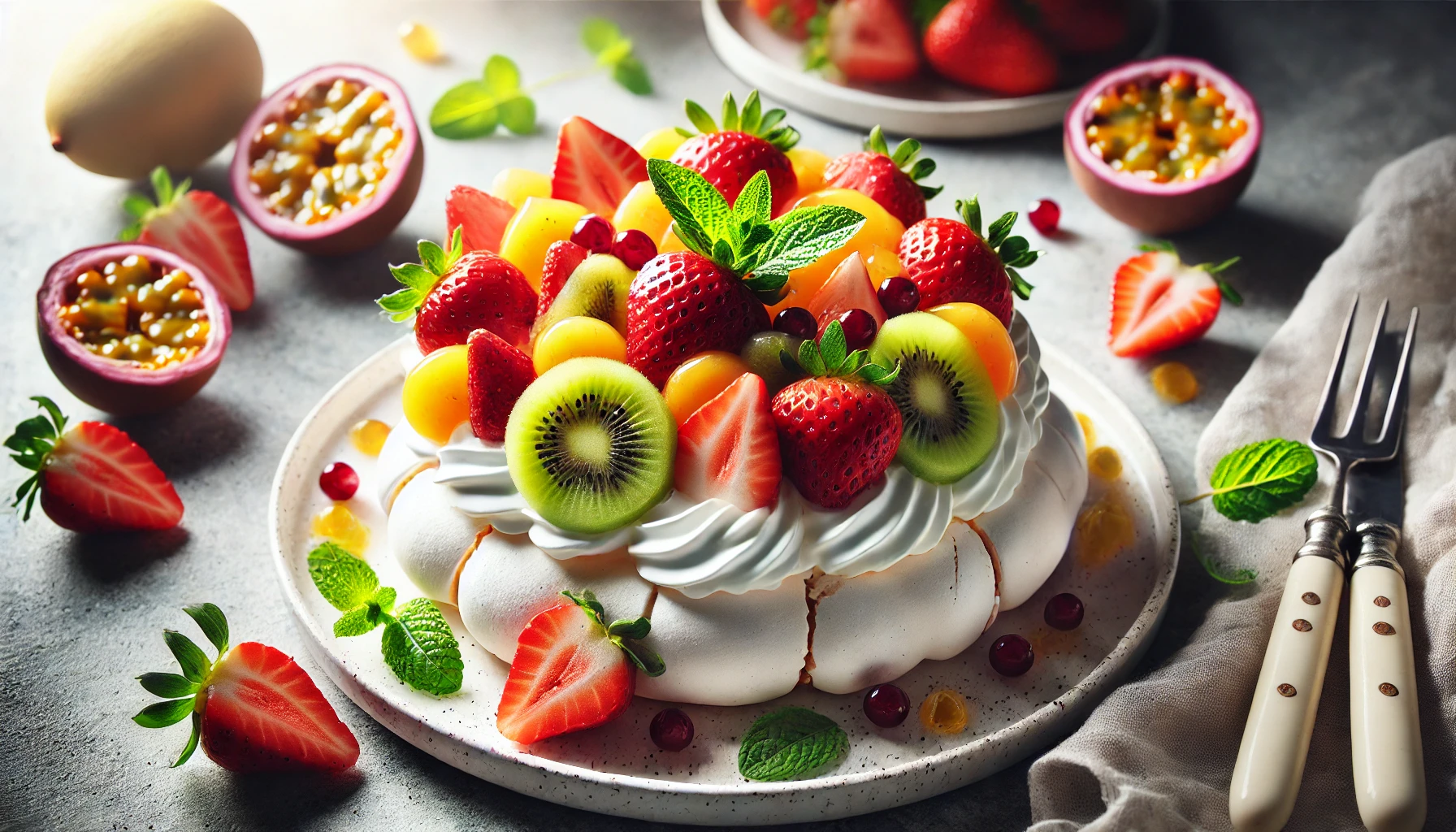Pavlova con frutas frescas