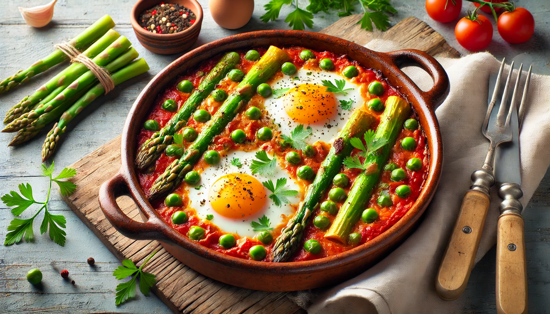 Huevos al plato con espárragos y guisantes