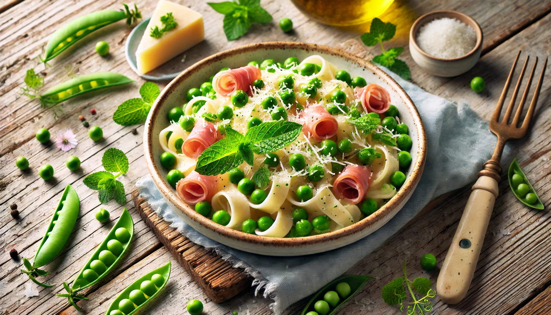 Tagliatelle con Piselli Freschi e Prosciutto