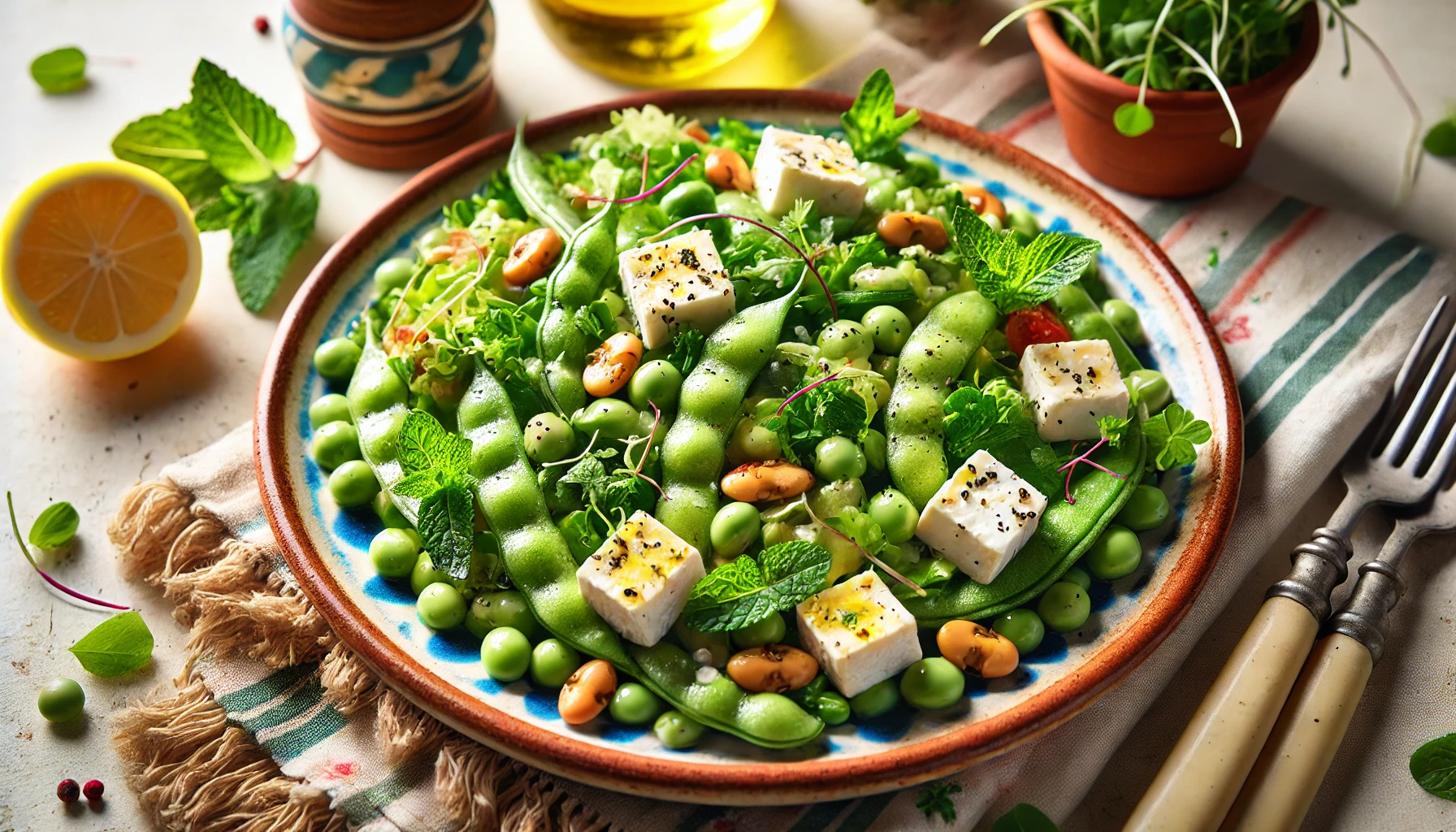 Ensalada de habas tiernas, queso fresco y menta