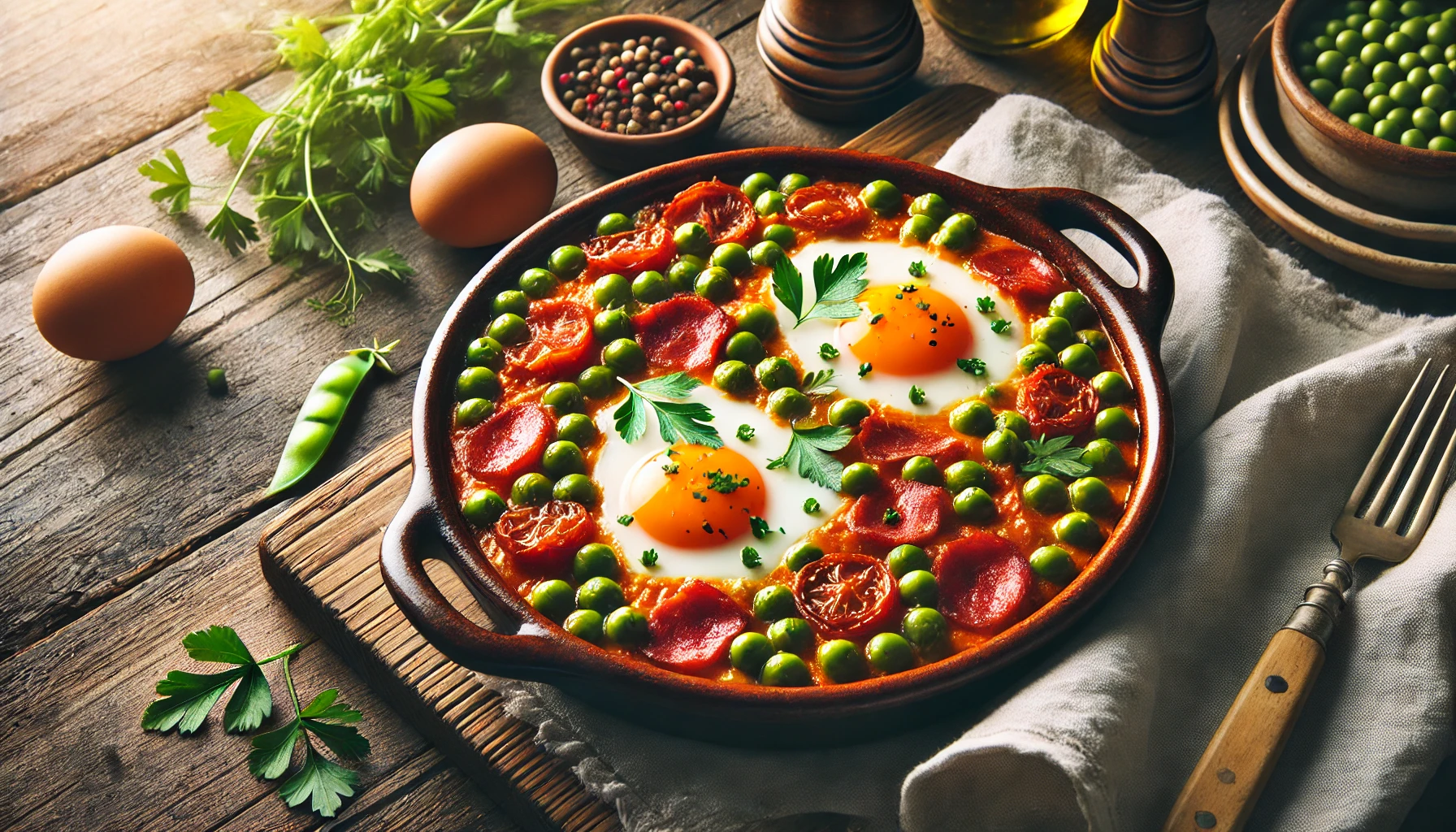 Huevos al Plato con Guisantes y Jamón