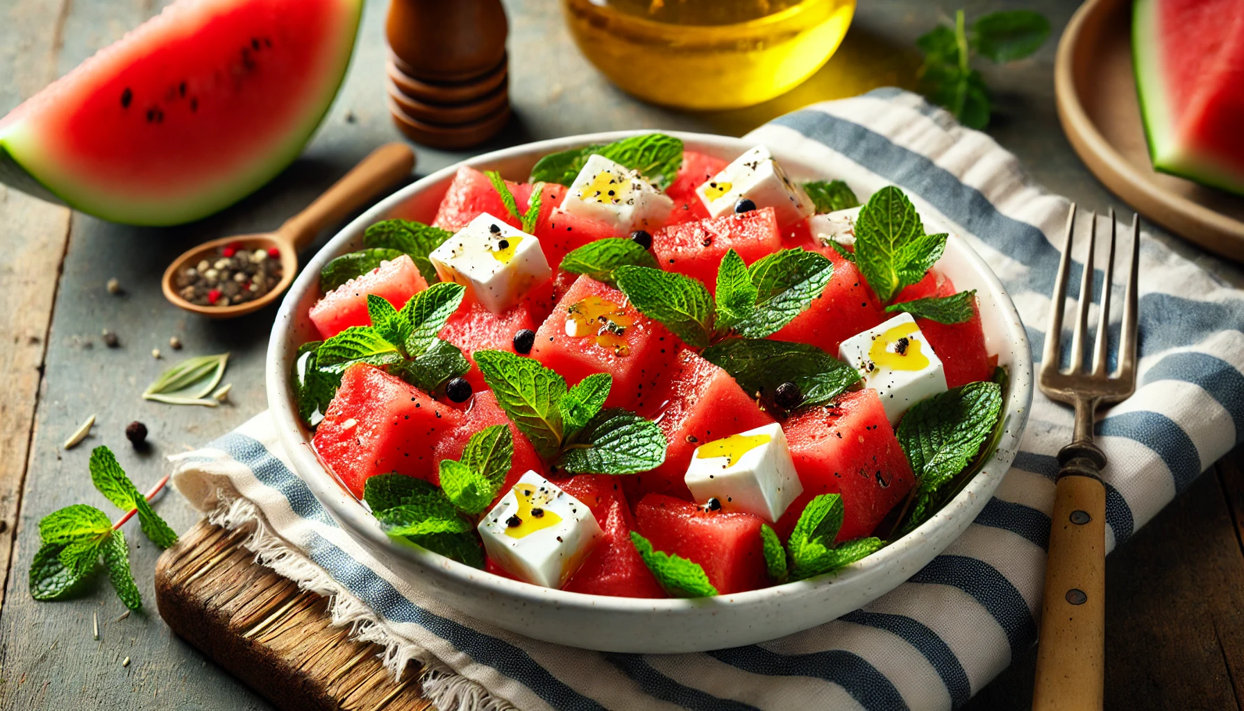 Ensalada de sandía, feta y menta