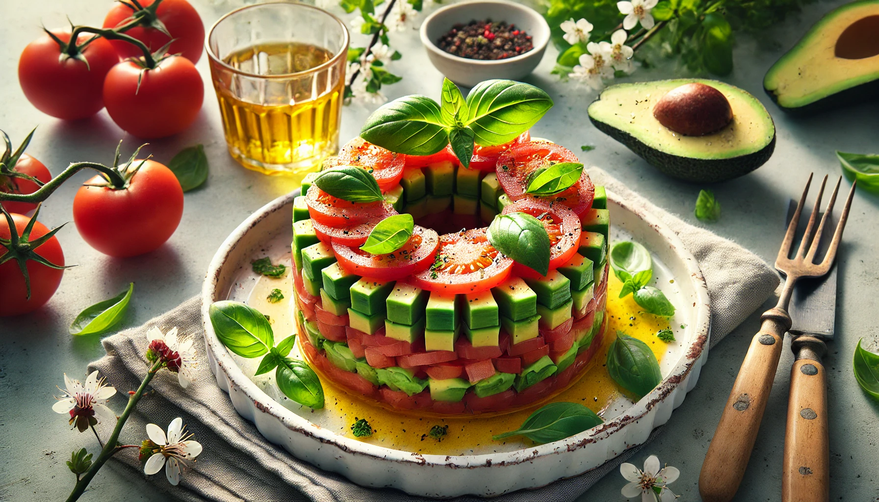 Tartar de tomate y aguacate con albahaca