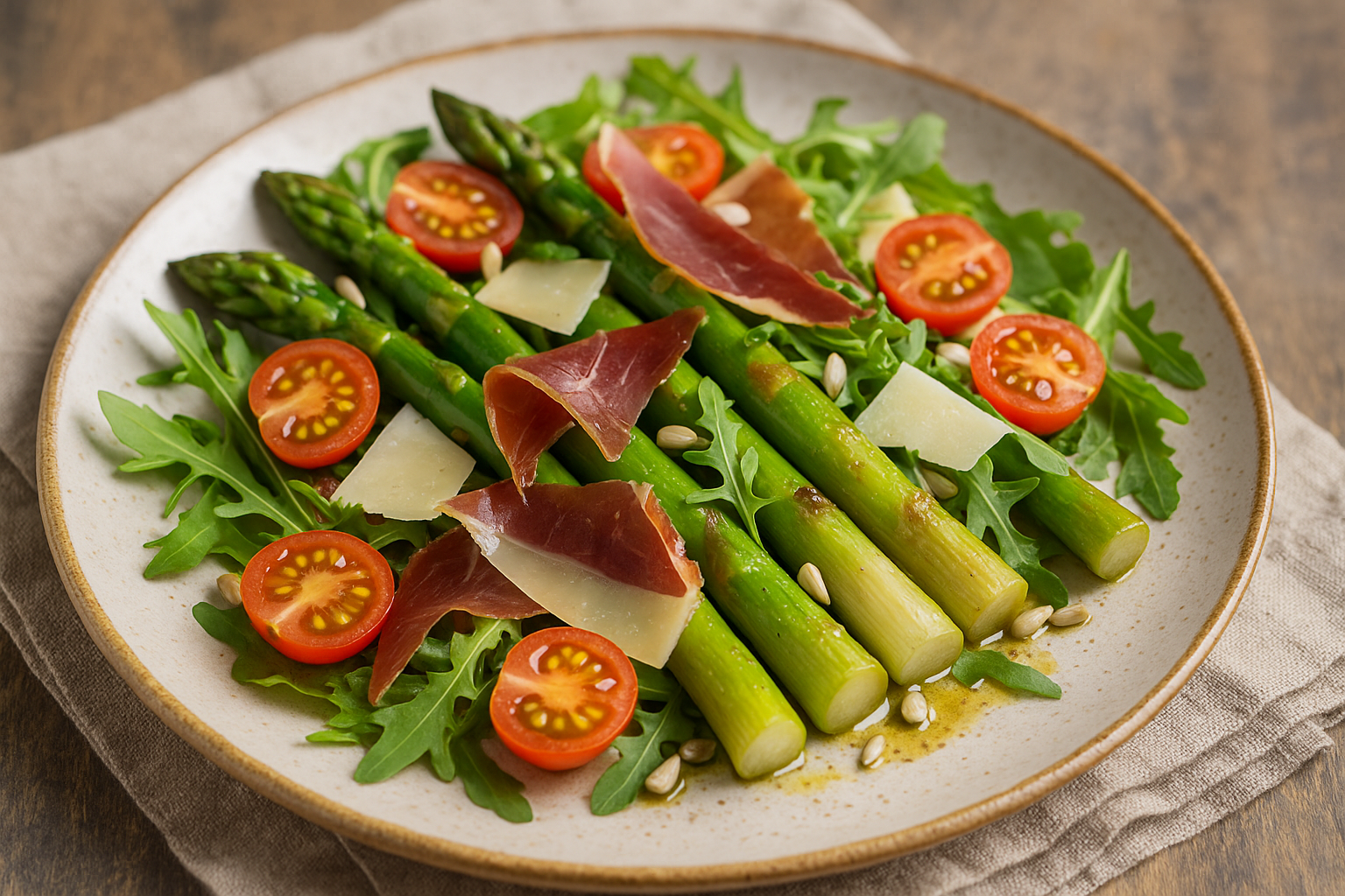 Ensalada templada de espárragos trigueros y jamón ibérico